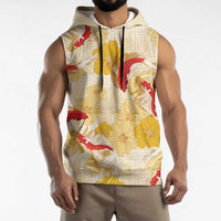 Beige Palaka Hawaii Aloha Sleeveless Hoodie Koi Pond Mix Ilima Flowers - Polynesian Pride
