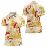 Beige Palaka Hawaii Aloha Women Polo Shirt Koi Pond Mix Ilima Flowers LT7 - Polynesian Pride
