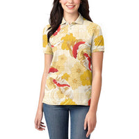 Beige Palaka Hawaii Aloha Women Polo Shirt Koi Pond Mix Ilima Flowers - Polynesian Pride