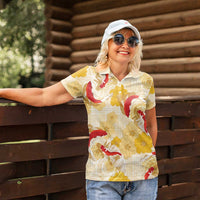Beige Palaka Hawaii Aloha Women Polo Shirt Koi Pond Mix Ilima Flowers LT7 - Polynesian Pride
