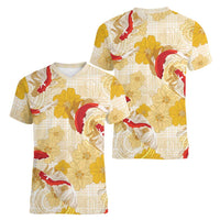 Beige Palaka Hawaii Aloha Women V-Neck T-Shirt Koi Pond Mix Ilima Flowers LT7 - Polynesian Pride