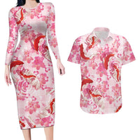 Pink Palaka Hawaii Aloha Couples Matching Long Sleeve Bodycon Dress and Hawaiian Shirt Koi Pond Mix Sakura LT7 Pink - Polynesian Pride