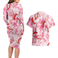 Pink Palaka Hawaii Aloha Couples Matching Long Sleeve Bodycon Dress and Hawaiian Shirt Koi Pond Mix Sakura LT7 - Polynesian Pride