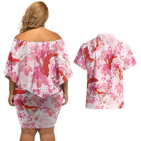 Pink Palaka Hawaii Aloha Couples Matching Off Shoulder Short Dress and Hawaiian Shirt Koi Pond Mix Sakura LT7 - Polynesian Pride