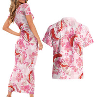 Pink Palaka Hawaii Aloha Couples Matching Short Sleeve Bodycon Dress and Hawaiian Shirt Koi Pond Mix Sakura - Polynesian Pride