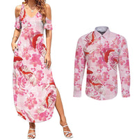 Pink Palaka Hawaii Aloha Couples Matching Summer Maxi Dress and Long Sleeve Button Shirt Koi Pond Mix Sakura - Polynesian Pride