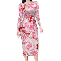 Pink Palaka Hawaii Aloha Family Matching Long Sleeve Bodycon Dress and Hawaiian Shirt Koi Pond Mix Sakura LT7 Pink - Polynesian Pride