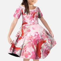 Pink Palaka Hawaii Aloha Family Matching Off Shoulder Short Dress and Hawaiian Shirt Koi Pond Mix Sakura - Polynesian Pride