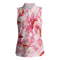 Pink Palaka Hawaii Aloha Women Sleeveless Polo Shirt Koi Pond Mix Sakura - Polynesian Pride