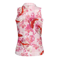 Pink Palaka Hawaii Aloha Women Sleeveless Polo Shirt Koi Pond Mix Sakura - Polynesian Pride