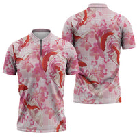 Pink Palaka Hawaii Aloha Zipper Polo Shirt Koi Pond Mix Sakura - Polynesian Pride