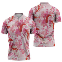 Pink Palaka Hawaii Aloha Zipper Polo Shirt Koi Pond Mix Sakura - Polynesian Pride