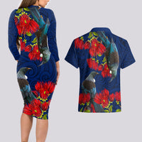 New Zealand Couples Matching Long Sleeve Bodycon Dress and Hawaiian Shirt Tui Couple with Pohutukawa LT7 - Polynesian Pride