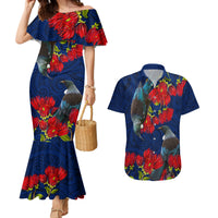 New Zealand Couples Matching Mermaid Dress and Hawaiian Shirt Tui Couple with Pohutukawa LT7 Blue - Polynesian Pride