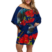 New Zealand Family Matching Off Shoulder Short Dress and Hawaiian Shirt Tui Couple with Pohutukawa LT7 Mom's Dress Blue - Polynesian Pride