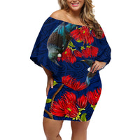 New Zealand Off Shoulder Short Dress Tui Couple with Pohutukawa LT7 Women Blue - Polynesian Pride