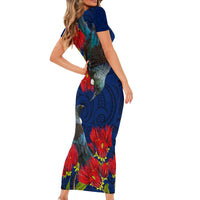New Zealand Short Sleeve Bodycon Dress Tui Couple with Pohutukawa LT7 - Polynesian Pride