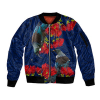 New Zealand Sleeve Zip Bomber Jacket Tui Couple with Pohutukawa LT7 Unisex Blue - Polynesian Pride