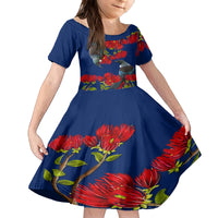 New Zealand Pohutukawa with Tui Birds Family Matching Off Shoulder Long Sleeve Dress and Hawaiian Shirt Version 2 LT7 Daughter's Dress Blue - Polynesian Pride