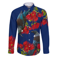New Zealand Pohutukawa with Tui Birds Family Matching Off Shoulder Short Dress and Hawaiian Shirt Version 2 LT7 Dad's Shirt - Long Sleeve Blue - Polynesian Pride
