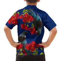 New Zealand Pohutukawa with Tui Birds Family Matching Short Sleeve Bodycon Dress and Hawaiian Shirt Version 2 LT7 - Polynesian Pride