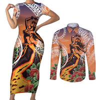 Hawaii Women's Day Tribal Couples Matching Short Sleeve Bodycon Dress and Long Sleeve Button Shirt Pele Honua Mea LT7 Art - Polynesian Pride