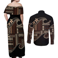 Samoa Siapo Mamanu Couples Matching Off Shoulder Maxi Dress and Long Sleeve Button Shirt Waves Motifs