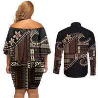 Samoa Siapo Mamanu Couples Matching Off Shoulder Short Dress and Long Sleeve Button Shirt Waves Motifs