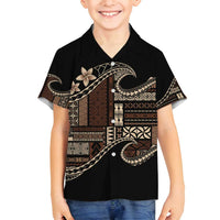 Samoa Siapo Mamanu Family Matching Off Shoulder Short Dress and Hawaiian Shirt Waves Motifs LT7 Son's Shirt Black - Polynesian Pride