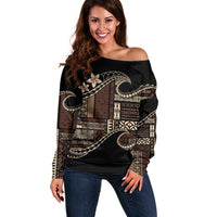 Samoa Siapo Mamanu Off Shoulder Sweater Waves Motifs LT7 Women Black - Polynesian Pride