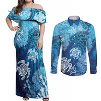 Hawaii World Ocean Day Couples Matching Off Shoulder Maxi Dress and Long Sleeve Button Shirt Kakau Turtles