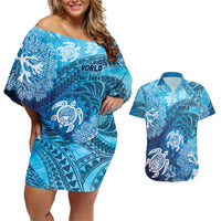Hawaii World Ocean Day Couples Matching Off Shoulder Short Dress and Hawaiian Shirt Kakau Turtles