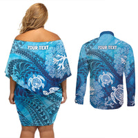 Hawaii World Ocean Day Couples Matching Off Shoulder Short Dress and Long Sleeve Button Shirt Kakau Turtles