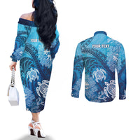 Hawaii World Ocean Day Couples Matching Off The Shoulder Long Sleeve Dress and Long Sleeve Button Shirt Kakau Turtles