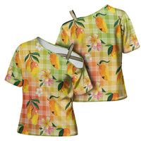 Aloha Hawaii Palaka Print Mango Plumeria Cross Shoulder Shirt Tropical Vibes