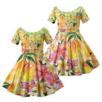 Aloha Hawaii Palaka Print Mango Plumeria Family Matching Short Sleeve Bodycon Dress and Hawaiian Shirt Tropical Vibes