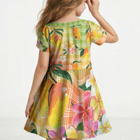 Aloha Hawaii Palaka Print Mango Plumeria Kid Short Sleeve Dress Tropical Vibes