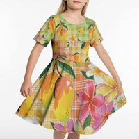 Aloha Hawaii Palaka Print Mango Plumeria Kid Short Sleeve Dress Tropical Vibes