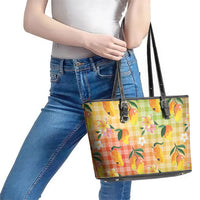 Aloha Hawaii Palaka Print Mango Plumeria Leather Tote Bag Tropical Vibes