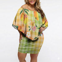 Aloha Hawaii Palaka Print Mango Plumeria Off Shoulder Short Dress Tropical Vibes