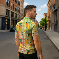 Aloha Hawaii Palaka Print Mango Plumeria Zipper Polo Shirt Tropical Vibes