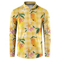 Aloha Hawaii Palaka Print Mango Plumeria Button Sweatshirt Fresh Lemon