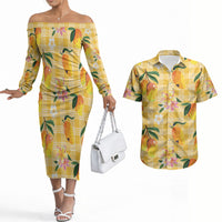 Aloha Hawaii Palaka Print Mango Plumeria Couples Matching Off The Shoulder Long Sleeve Dress and Hawaiian Shirt Fresh Lemon
