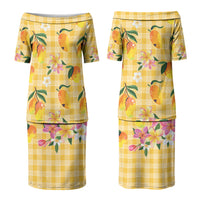 Aloha Hawaii Palaka Print Mango Plumeria Couples Matching Puletasi and Long Sleeve Button Shirt Fresh Lemon