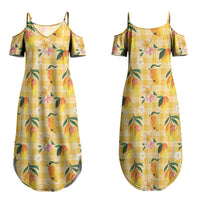 Aloha Hawaii Palaka Print Mango Plumeria Couples Matching Summer Maxi Dress and Long Sleeve Button Shirt Fresh Lemon