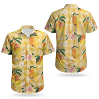 Aloha Hawaii Palaka Print Mango Plumeria Couples Matching Tank Maxi Dress and Hawaiian Shirt Fresh Lemon
