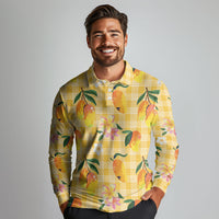 Aloha Hawaii Palaka Print Mango Plumeria Long Sleeve Polo Shirt Fresh Lemon
