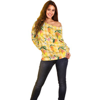 Aloha Hawaii Palaka Print Mango Plumeria Off Shoulder Sweater Fresh Lemon
