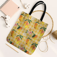 Aloha Hawaii Palaka Print Mango Plumeria Tote Bag Fresh Lemon