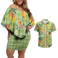 Aloha Hawaii Palaka Print Mango Plumeria Couples Matching Off Shoulder Short Dress and Hawaiian Shirt Cool Mint